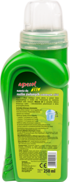 Zielony nawóz Agrecol w żelu do roślin zielonych, tył ergonomicznej butelki z polską etykietą i kodem kreskowym, 250ml.