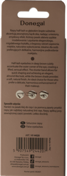 Tył brązowego opakowania rzęs Donegal half-lash, instrukcja użycia, kod kreskowy, widok z tyłu.