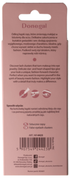 Tył opakowania Donegal Cosmic Crush, kępki rzęs z gwiazdkami i sercami, z opisem i instrukcją użycia.