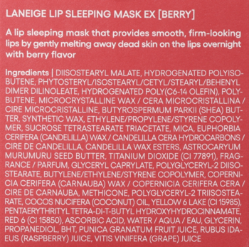Tył opakowania Laneige Lip Sleeping Mask EX [Berry] z pełną listą składników na czerwono-różowym tle.