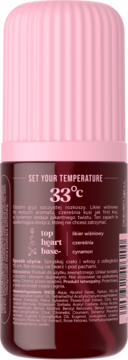 Tył różowo-bordowego mgiełki do ciała 33°C, z nutami wiśni i cynamonu, widoczna lista składników.