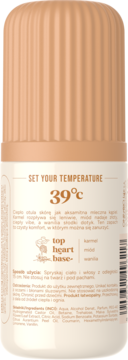 Beżowy spray do ciała 39°C z tyłu, z etykietą o zapachu karmelu, miodu i wanilii, na białym tle.