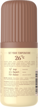 Tył sprayu do ciała, z beżową, żebrowaną nakrętką. Na etykiecie 26°C, nuty lawendy, kakao i wanilii.