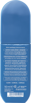Tył niebieskiego, nawilżającego kremu do twarzy Coda Lab Water Bank 50 ml, ze składem i kodem EAN.