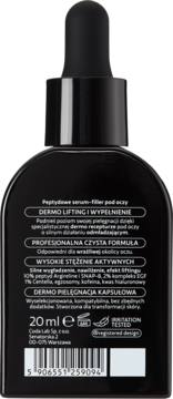 Tył czarnej butelki Coda Lab z pipetą. Widoczny tekst: peptydowe serum-filler pod oczy, lifting i wypełnienie, 20ml.