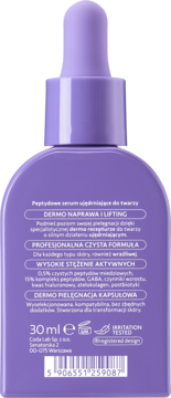 Tył fioletowej butelki Coda Lab peptydowego serum ujędrniającego 30ml z opisem formuły i składników.