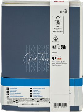 Tył granatowego albumu na zdjęcia z napisem 'Good Things', widoczne certyfikaty FSC i Hamelin na białym pasku.