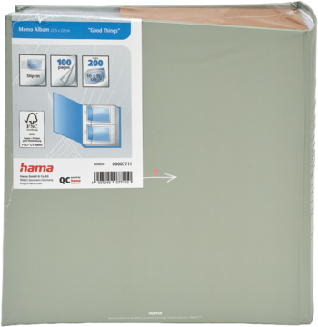 Jasnozielony album na zdjęcia Hama Mini Album na 200 zdjęć, z widoczną naklejką informacyjną, ujęcie z przodu.
