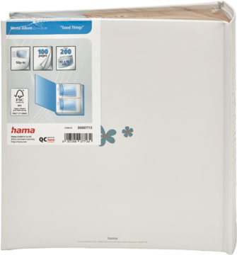 Biały album fotograficzny Hama, typu ringowego, na 100/200 zdjęć, z etykietą produktu na okładce, widok z przodu.