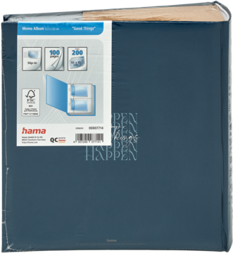 Ciemnoniebieski album na zdjęcia Hama z napisem "Good Things Happen", kieszonkowy na 100/250 zdjęć, etykieta producenta.