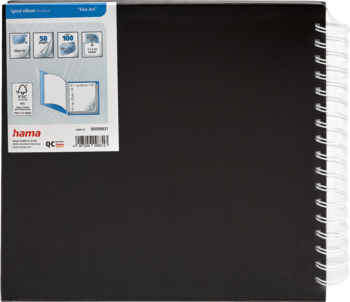 Czarny spiralny album na zdjęcia Hama z 50 białymi kartami, etykietą na okładce, widok z przodu.