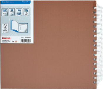 Brązowy album spiralny Hama 26x25 cm, widoczna etykieta z ikonami, białe ringi na prawym brzegu.