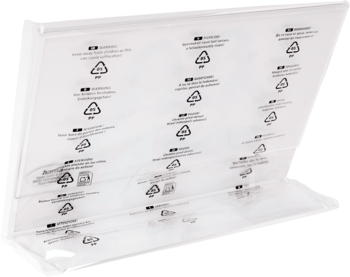 Przezroczysty, złożony stojak z akrylu z wieloma symbolami recyklingu plastików, widok z góry pod kątem.