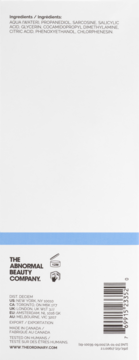 Bok opakowania serum The Abnormal Beauty Company z kwasem salicylowym. Widoczna lista składników, niebieski pasek i kod kreskowy.