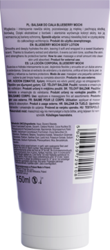 Tył fioletowej tubki balsamu do ciała Blueberry Moon 150ml z białym wieczkiem, z czytelnymi napisami i kodem EAN.