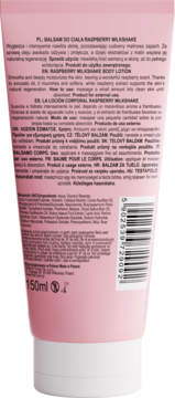 Różowy balsam do ciała Raspberry Milkshake 150ml, widok z tyłu tubki z etykietą, składem i kodem kreskowym.