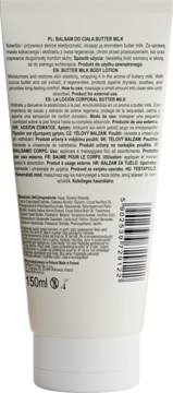 Balsam do ciała Butter Milk w białej tubce, tył opakowania z napisami, kodem kreskowym i pojemnością 150ml.