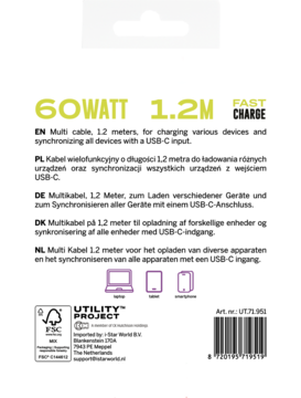 Tył białego opakowania kabla USB-C 60W 1.2m, z opisem "FAST CHARGE" i ikonami urządzeń. Wielojęzyczny.