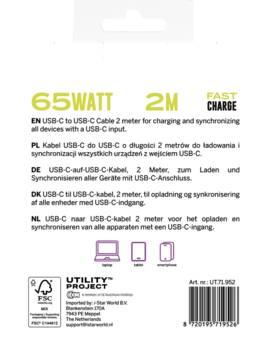 Tył białego opakowania kabla USB-C na USB-C, 2 metry, z tekstem informacyjnym 65W FAST CHARGE.
