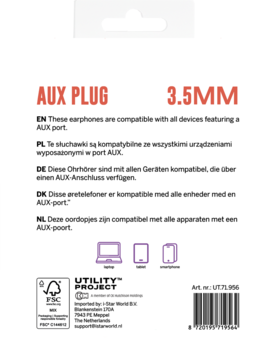 Tył białego opakowania słuchawek Utility Project 3.5mm AUX z tekstem o kompatybilności i ikonami urządzeń.