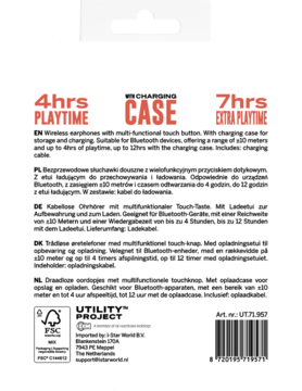 Tył białego opakowania bezprzewodowych słuchawek dousznych z ładowarką, z informacją o 4h/7h odtwarzania.