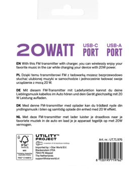 Tył pudełka FM transmitera z ładowarką 20W, z opisami, portami USB-C, USB-A i kodem kreskowym.