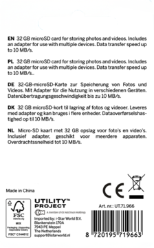 Tył opakowania karty microSD 32 GB Utility Project z opisem produktu, kodem kreskowym i certyfikatami FSC i CE.