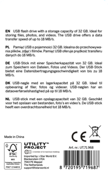 Tył opakowania pendrive USB 32 GB z opisami w kilku językach, certyfikatami CE, FSC i kodem kreskowym.