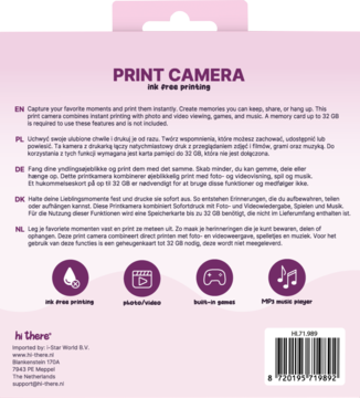 Tył opakowania aparatu PRINT CAMERA. Różowe tło, wielojęzyczny opis funkcji i ikony: druk, zdjęcia, gry, MP3.