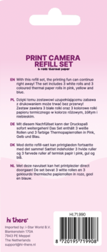 Back of pink 'Print Camera Refill Set' packaging, details 3 white and 3 colored thermal paper rolls, with barcode.