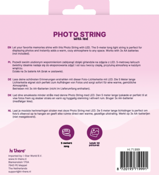 Tył różowo-fioletowego opakowania sznura LED Photo String 5m, z instrukcjami w kilku językach i kodem kreskowym.