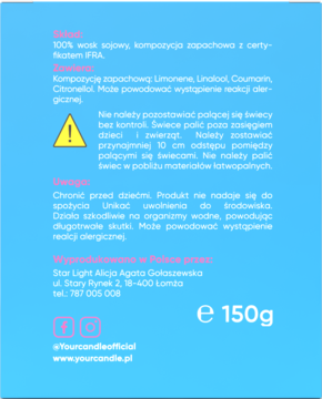 Tył niebieskiej etykiety świecy sojowej 150g. Skład, ostrzeżenia o alergenach i bezpieczeństwie, dane producenta.