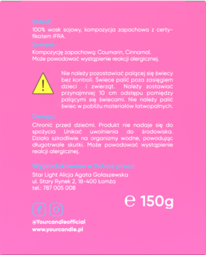Tył różowego opakowania świecy sojowej 150g, z listą składników, ostrzeżeniami oraz danymi producenta.