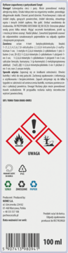 Tył opakowania dyfuzora zapachowego Cisza 100 ml, z patyczkami, etykieta z ostrzeżeniami i symbolami recyklingu.