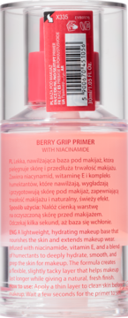 Tył butelki Berry Grip Primer z Niacynamidem, 30ml, różowy płyn, czerwona etykieta z kodem kreskowym i opisem.