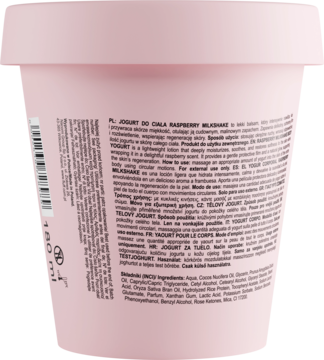 Tył różowego opakowania jogurtu do ciała, widoczne etykiety z opisem produktu i składnikami.