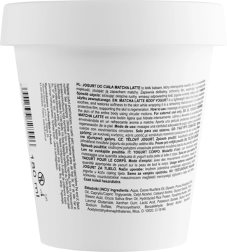 Tył białego opakowania jogurtu do ciała Matcha Latte, z widocznym kodem kreskowym i tekstem w kilku językach.