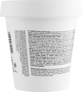 Tył białego pojemnika jogurtu do ciała Butter Milk z drobnym tekstem w wielu językach i listą składników.