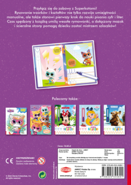 Tył książki Superkoty szlaczki z fioletowym tłem. Widoczne rekomendowane książki, kod EAN i dane wydawcy Egmont.