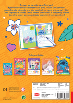 Tył książki edukacyjnej Disney Stitch, szlaczki. Pomarańczowe tło, ilustracja Sticha i Angela. Wskazuje inne książki.