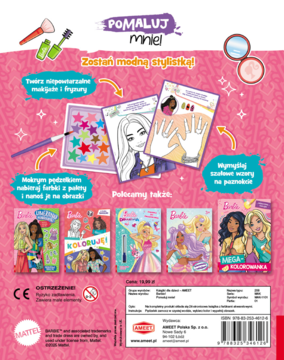 Tył książki Barbie Pomaluj Mnie, kreatywna zabawa z malowaniem wodą makijaży i paznokci dla małych stylistek.