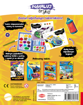 Pomaluj Brykę! Hot Wheels: tył kreatywnej książki do malowania aut. Farby, pędzelek, gotowe wzory.