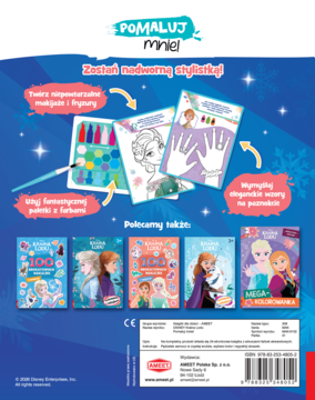 Tył książki kreatywnej Disney Frozen 'Pomaluj Mnie!' z pomysłami na makijaż, fryzury i malowanie paznokci.