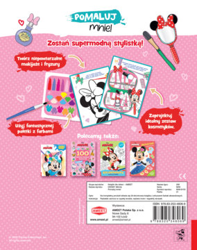 Tył książki "PO MALUJ MNIE!" z Minnie Mouse. Zawiera rysunki do kolorowania i zestawy do stylizacji. Różowe tło.