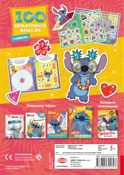 Tylna okładka książki zadań ze Stichem i 100 brokatowymi naklejkami. Widoczne przykłady aktywności i inne produkty.