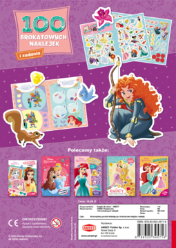 Tył książki Disney Księżniczki ze 100 brokatowymi naklejkami. Fioletowe tło, Merida, przykłady zadań, inne książki.