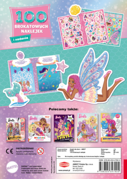Tył Barbie: 100 brokatowych naklejek z syreną i wróżką. Zawiera polecane produkty oraz logo Mattel.