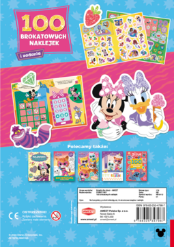 Tył książki Disney z 100 brokatowymi naklejkami i zadaniami, Minnie, Daisy i inne postacie. Widoczne przykłady naklejek.
