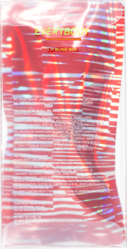 Przezroczysta saszetka Lip Blind Box z holograficznymi refleksami, w środku czerwony błyszczyk, tył z napisami.