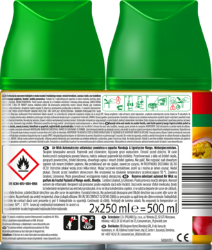 Tył zielonego opakowania odświeżacza powietrza, z etykietą, ostrzeżeniem o łatwopalności i objętością 500 ml.